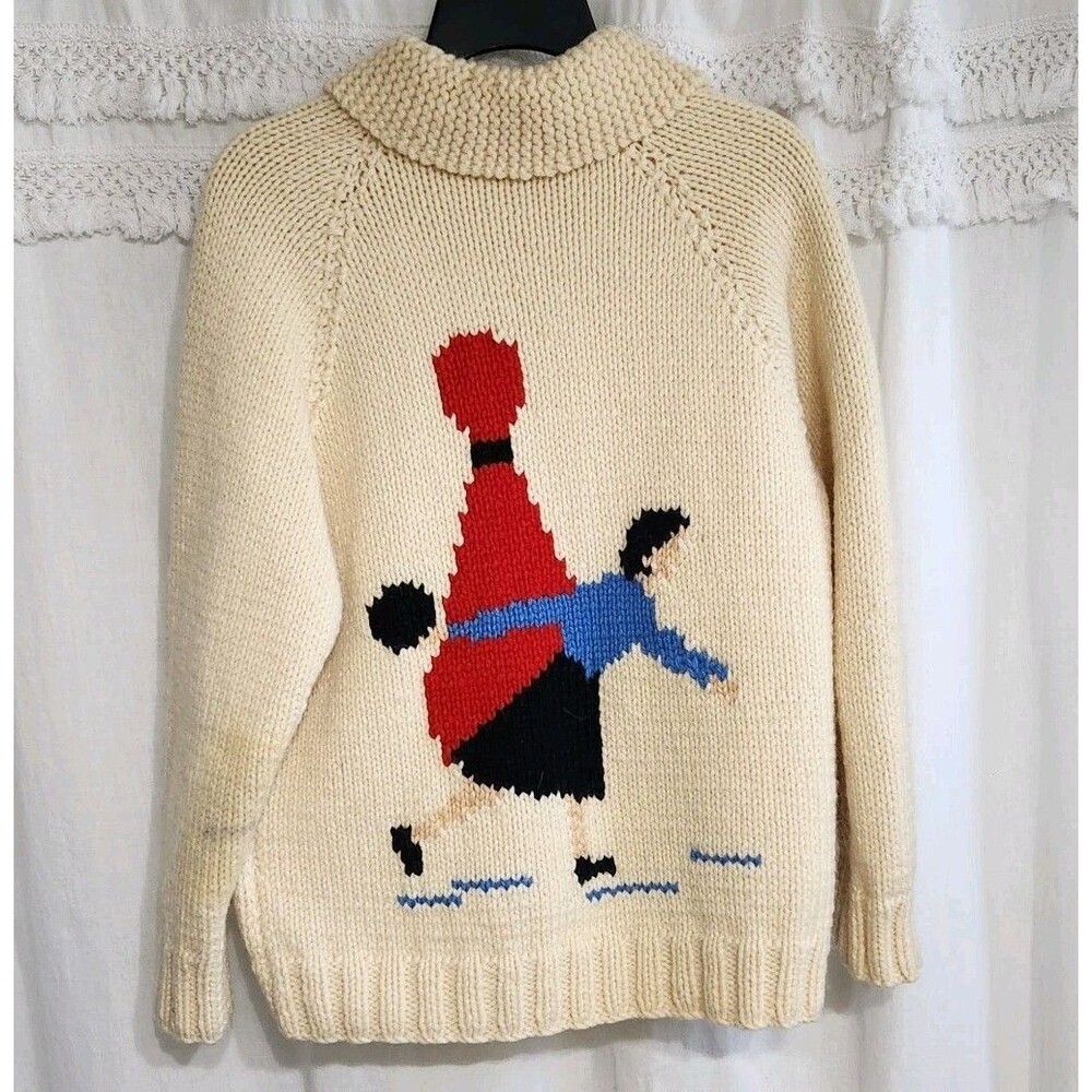 Bowling Cowichan Sweater 1950s Hand Knit Lined Wool Cardigan Talon Zip Pinup  M - Picture 2 of 16